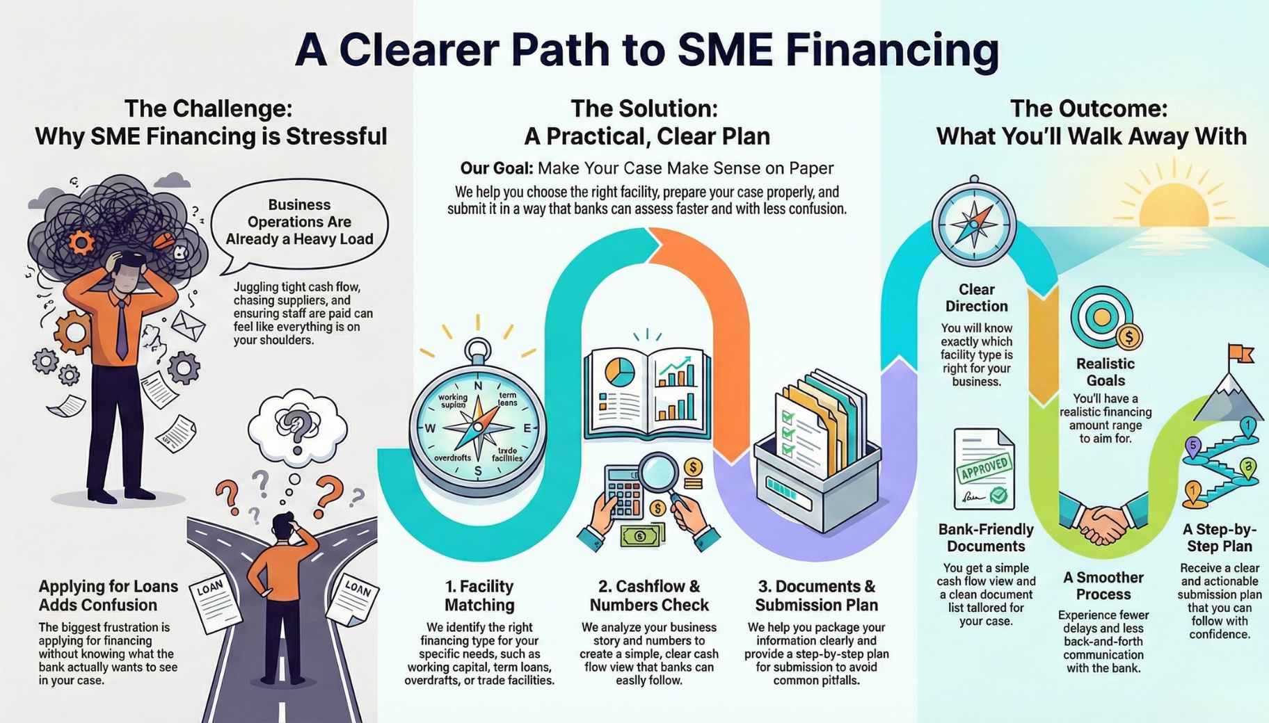 Infographic titled “A Clearer Path to SME Financing” showing why SME financing feels stressful, a practical 3-step solution (facility matching, cashflow & numbers check, documents & submission plan), and outcomes like clear direction, realistic goals, bank-friendly documents, a smoother process, and a step-by-step plan.