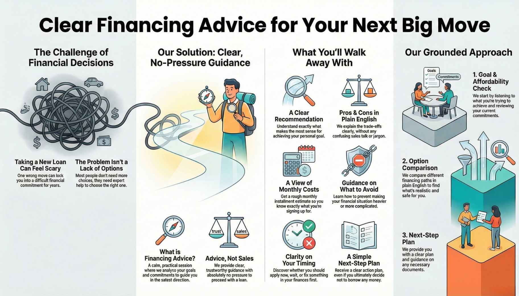 Infographic titled “Clear Financing Advice for Your Next Big Move” describing the challenge of financial decisions, a no-pressure guidance solution, what you’ll walk away with, and a 3-step approach: goal & affordability check, option comparison, and next-step plan.
