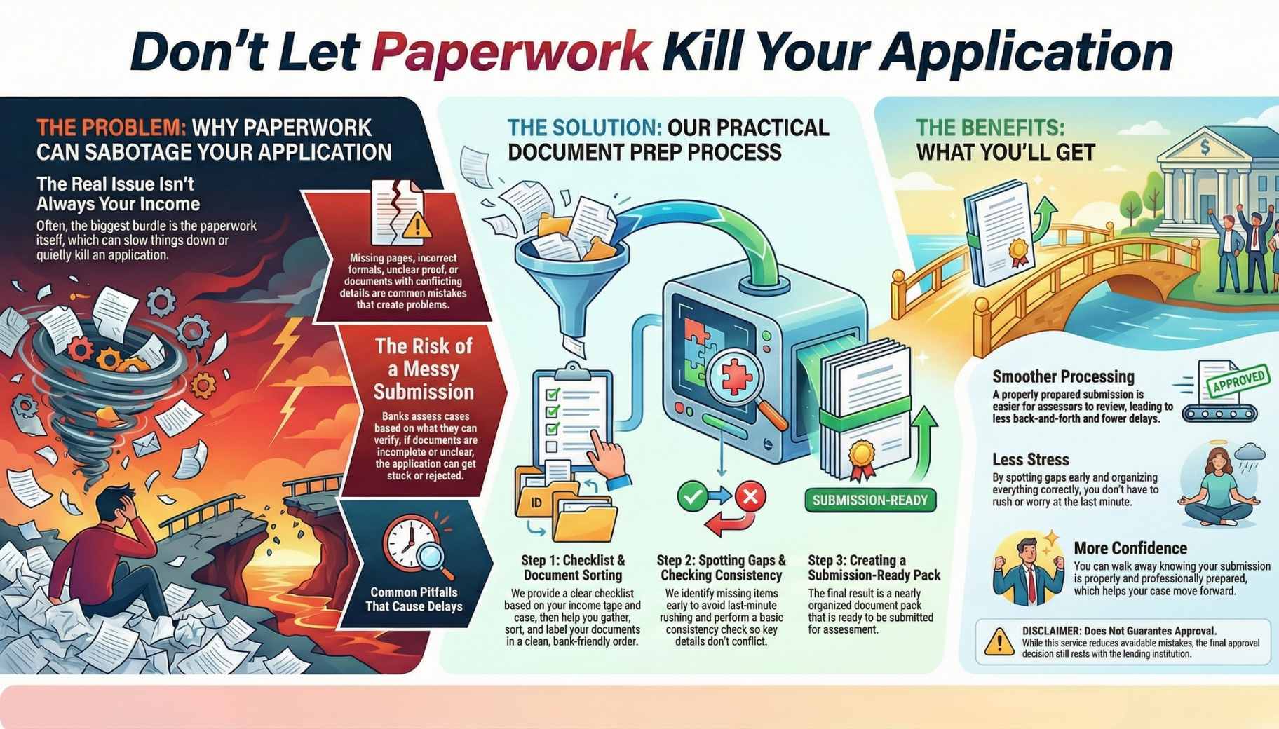 Infographic titled “Don’t Let Paperwork Kill Your Application” explaining how messy or incomplete documents can delay or derail loan applications, and showing a 3-step document prep process to make a submission-ready pack, plus benefits like smoother processing, less stress, and more confidence.