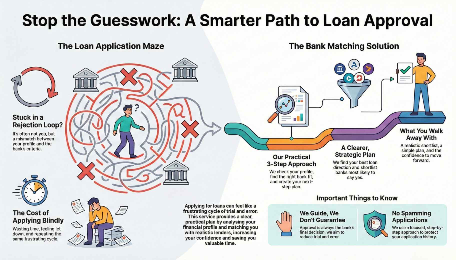 An infographic titled "Stop the Guesswork: A Smarter Path to Loan Approval" contrasting two processes. On the left, "The Loan Application Maze" shows a confused figure in a tangled red maze, representing "Stuck in a Rejection Loop" and "The Cost of Applying Blindly." On the right, "The Bank Matching Solution" shows a streamlined, colorful process flow with three steps: "Our Practical 3-Step Approach," "A Clearer, Strategic Plan," and "What You Walk Away With," ending with a figure holding a checklist. The bottom section lists "Important Things to Know," including "We Guide, We Don't Guarantee" and "No Spamming Applications."