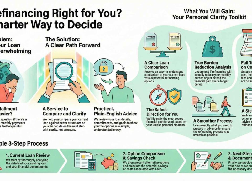 Infographic explaining refinancing decisions: the problem of a loan feeling overwhelming, a clear comparison-and-clarify solution, a “personal clarity toolkit” of benefits, and a simple 3-step process (current loan review, option comparison & savings check, next-step plan & documents).