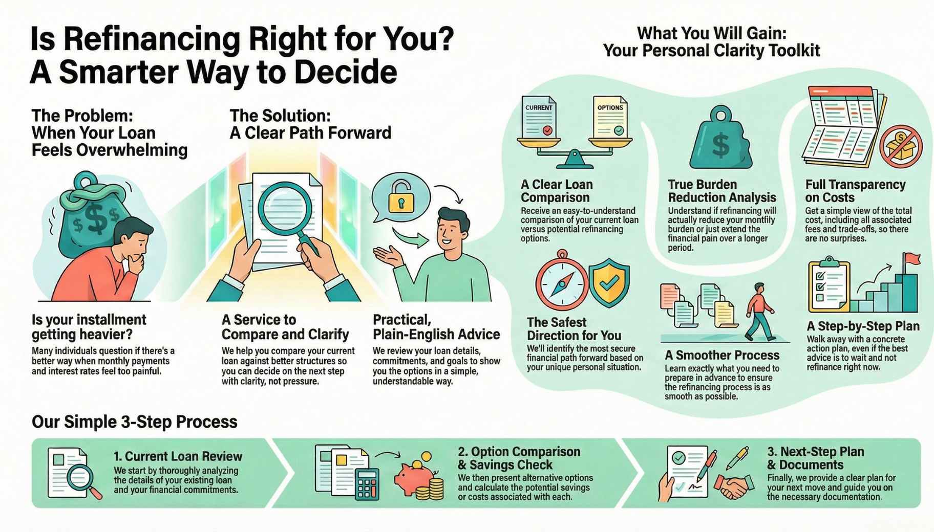Infographic explaining refinancing decisions: the problem of a loan feeling overwhelming, a clear comparison-and-clarify solution, a “personal clarity toolkit” of benefits, and a simple 3-step process (current loan review, option comparison & savings check, next-step plan & documents).