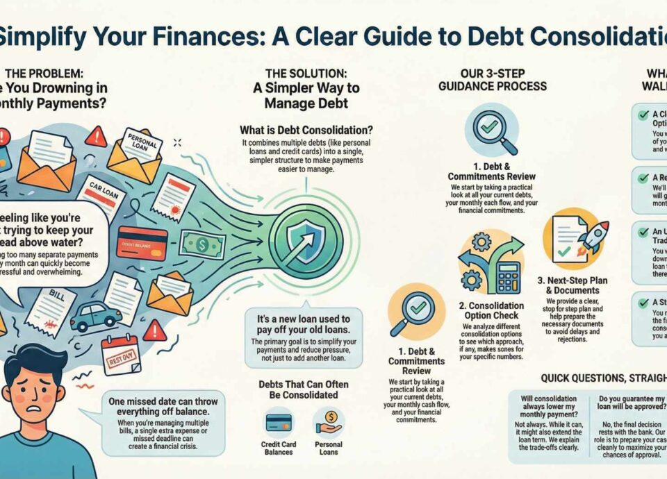 Infographic explaining debt consolidation: the problem of juggling many monthly payments, what debt consolidation is, a 3-step guidance process (review, option check, next-step plan), and the outcomes you’ll walk away with.
