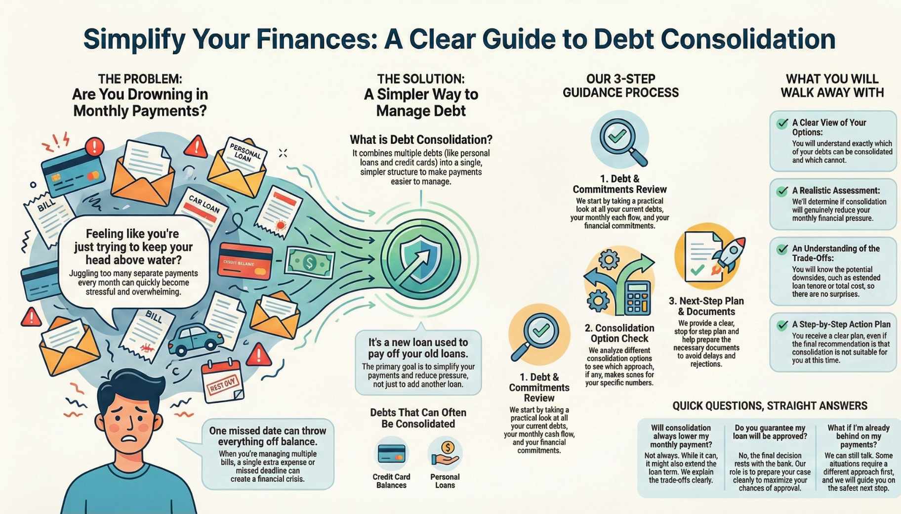 Infographic explaining debt consolidation: the problem of juggling many monthly payments, what debt consolidation is, a 3-step guidance process (review, option check, next-step plan), and the outcomes you’ll walk away with.