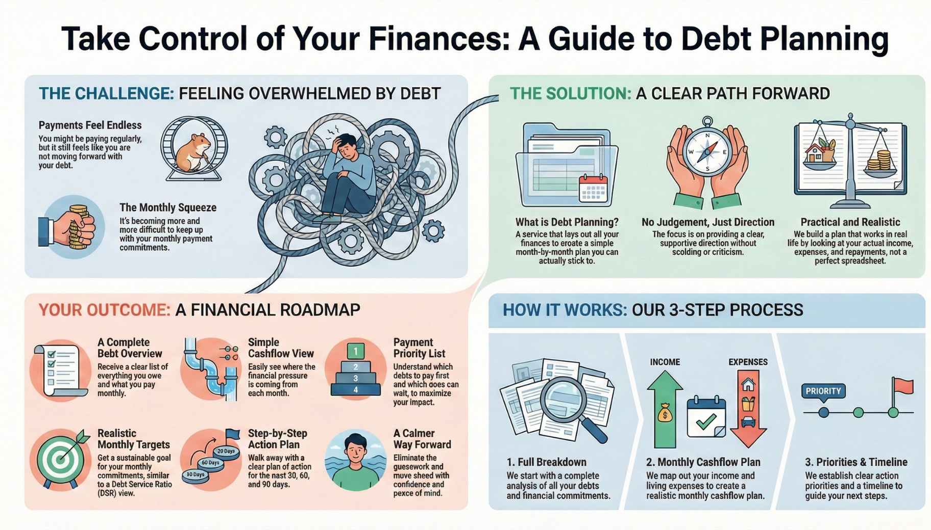 Infographic titled “Take Control of Your Finances” showing the challenge of feeling overwhelmed by debt, the solution of debt planning, the outcomes (financial roadmap), and a 3-step process: full breakdown, monthly cashflow plan, and priorities & timeline.