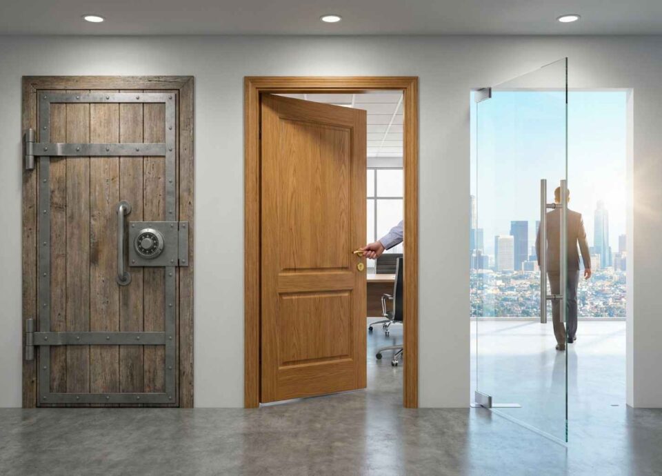 Three distinct doors symbolizing financial choices: a heavy vault door (AKPK), a wooden office door being opened (Restructuring), and a glass door leading to a bright city skyline (Refinancing).