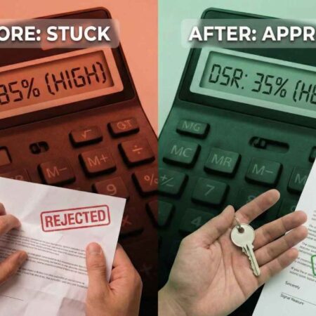 A split-panel image comparing two financial states. On the left panel, titled "BEFORE: STUCK" in red, a calculator shows "DSR: 85% (HIGH)" and a person's hands hold a document stamped "REJECTED." On the right panel, titled "AFTER: APPROVED" in green, a calculator shows "DSR: 35% (HEALTHY)" and a hand holds a key next to a document stamped "APPROVED."