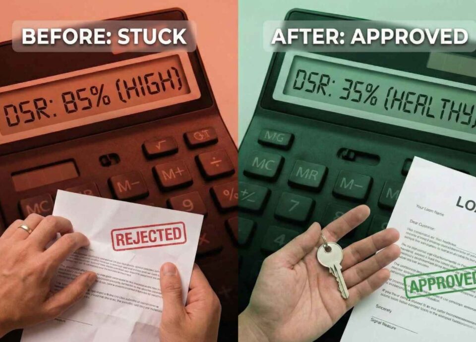 A split-panel image comparing two financial states. On the left panel, titled "BEFORE: STUCK" in red, a calculator shows "DSR: 85% (HIGH)" and a person's hands hold a document stamped "REJECTED." On the right panel, titled "AFTER: APPROVED" in green, a calculator shows "DSR: 35% (HEALTHY)" and a hand holds a key next to a document stamped "APPROVED."