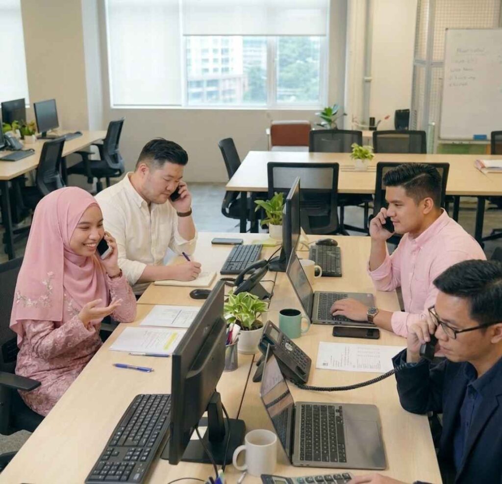 Four professionals sitting at a shared desk in a bright office, all talking on telephones. On the left, a woman in a pink hijab smiles while talking on a mobile phone; behind her, a man in a white shirt talks on a cell phone while writing notes on paper. On the right, a man in a pink shirt talks on a mobile phone while typing on a laptop, and in the foreground, a man in a dark blazer and glasses speaks on a landline receiver while using a calculator.