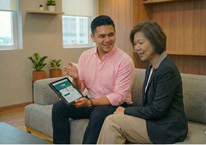 A busy office scene featuring four diverse employees at a shared desk. On the left, a woman in a pink hijab smiles while talking on a phone, and a man behind her writes notes during a call. On the right, a man in a pink shirt talks on a mobile phone while using a laptop. In the foreground right, a middle-aged Chinese woman with glasses holds a landline receiver and uses a calculator, wearing a facial expression of sudden realization and understanding ("Oh, I see").