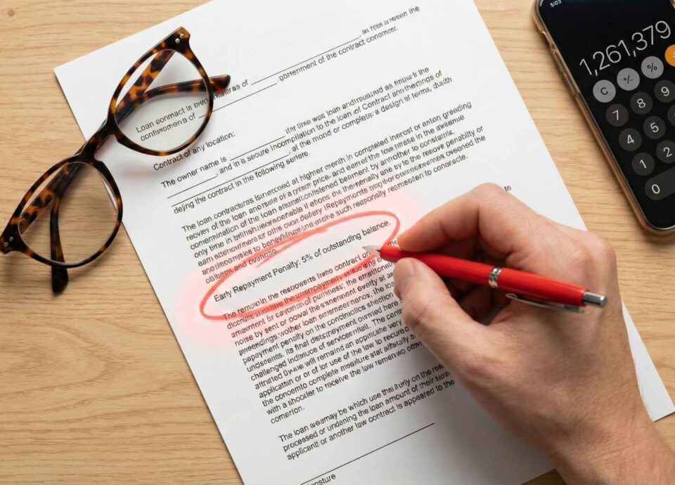 Top-down photograph of a hand holding a red pen, circling an "Early Repayment Penalty" clause in the fine print of a loan contract.