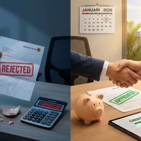 Split-screen image comparing a loan rejection scene with broken finances and a loan approval scene with fixed finances and a handshake, with a 2026 calendar.