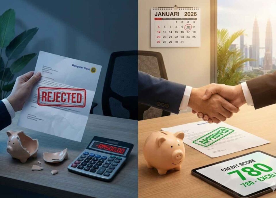Split-screen image comparing a loan rejection scene with broken finances and a loan approval scene with fixed finances and a handshake, with a 2026 calendar.