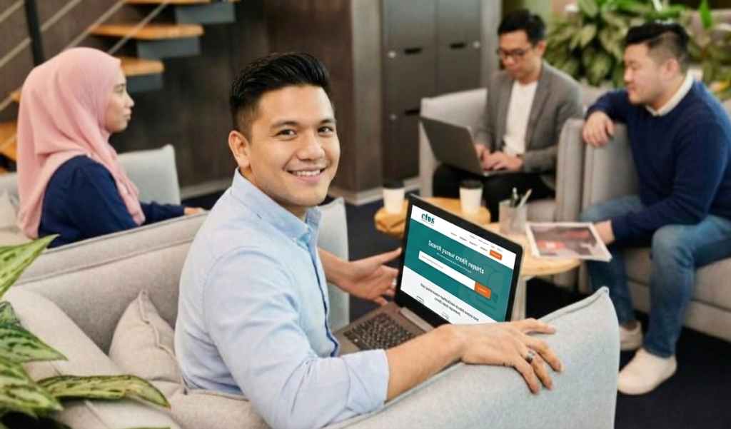 A smiling male professional holding a laptop displaying the CTOS business website in a modern office lounge, with diverse colleagues, including a woman in a hijab, working in the background.