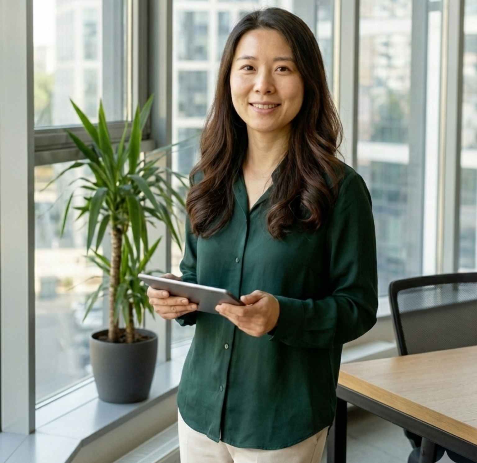 A professional Asian woman with long wavy hair, wearing a blue floral blouse with a mandarin collar, standing and holding a digital tablet with a friendly smile against a clean office wall.