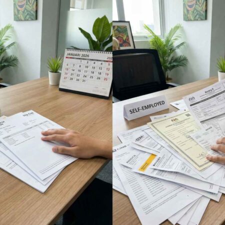 Split-screen image comparing a small, neat stack of loan documents for a salaried employee versus a large, messy pile of documents for a self-employed individual on a desk with a 2026 calendar.