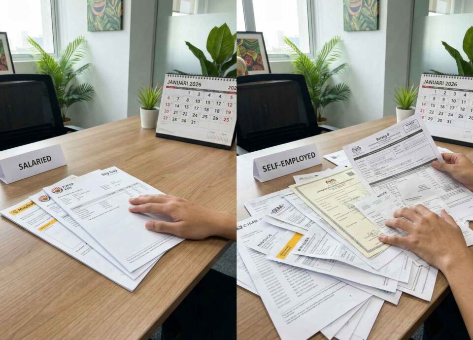 Split-screen image comparing a small, neat stack of loan documents for a salaried employee versus a large, messy pile of documents for a self-employed individual on a desk with a 2026 calendar.
