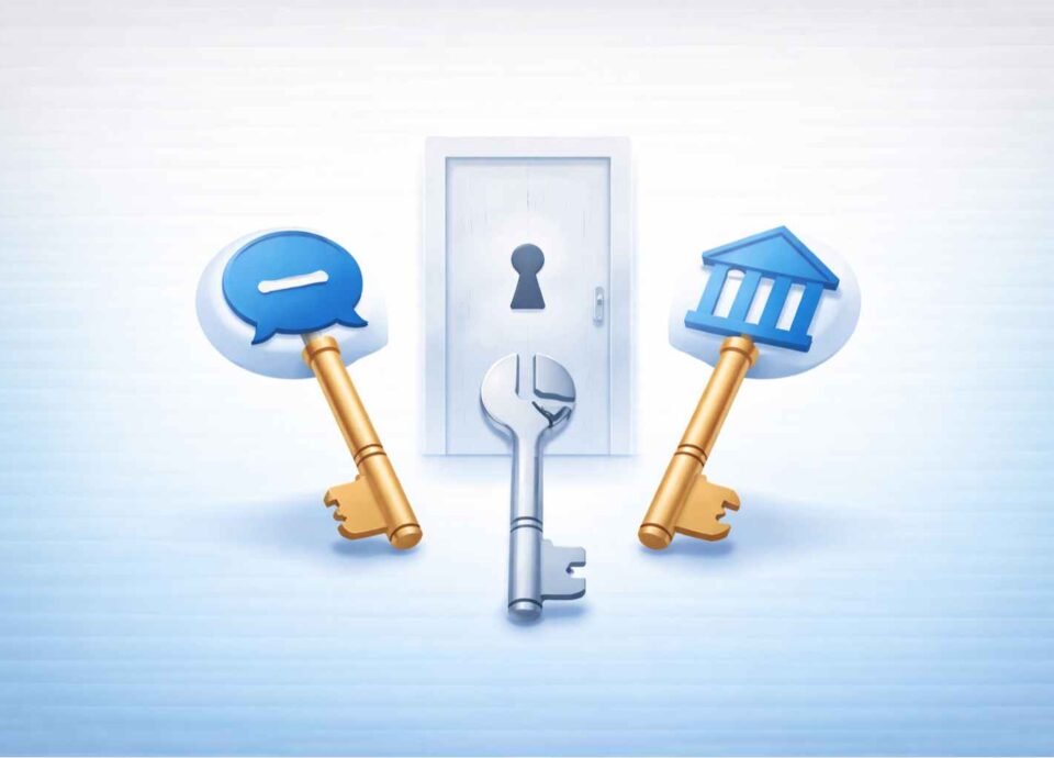 Three keys pointing to a door lock, representing different ways to solve a debt situation