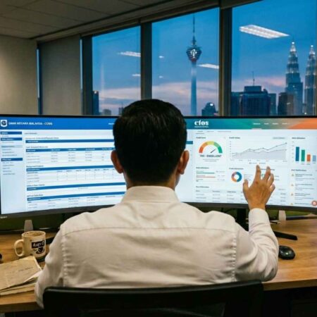 A financial analyst in a Kuala Lumpur office looking at a split monitor screen displaying CCRIS data on the left and CTOS data on the right.