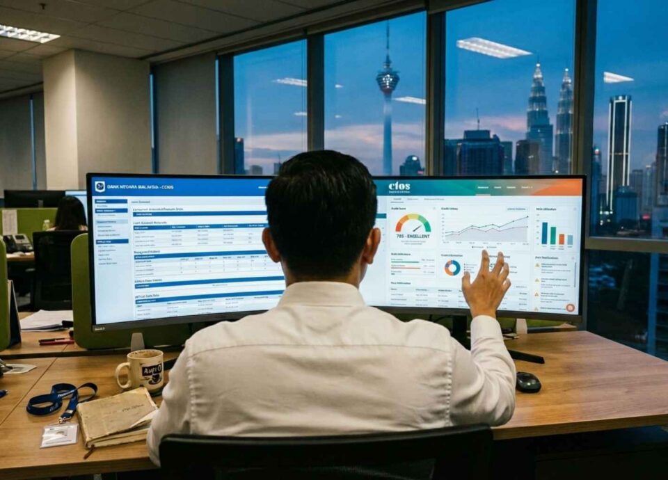 A financial analyst in a Kuala Lumpur office looking at a split monitor screen displaying CCRIS data on the left and CTOS data on the right.