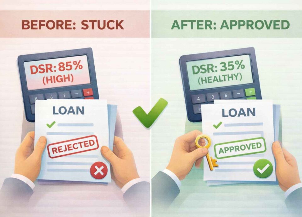 DSR Malaysia example showing high vs healthy debt service ratio and loan outcome