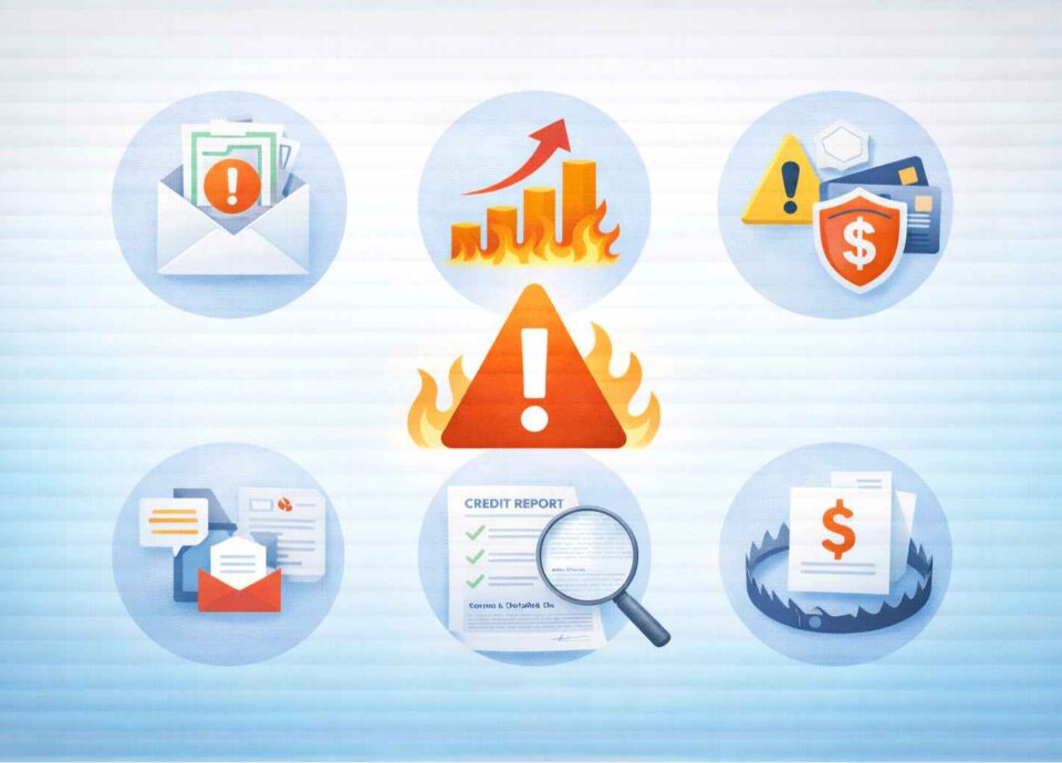 Warning triangle surrounded by icons showing early signs of risky debt