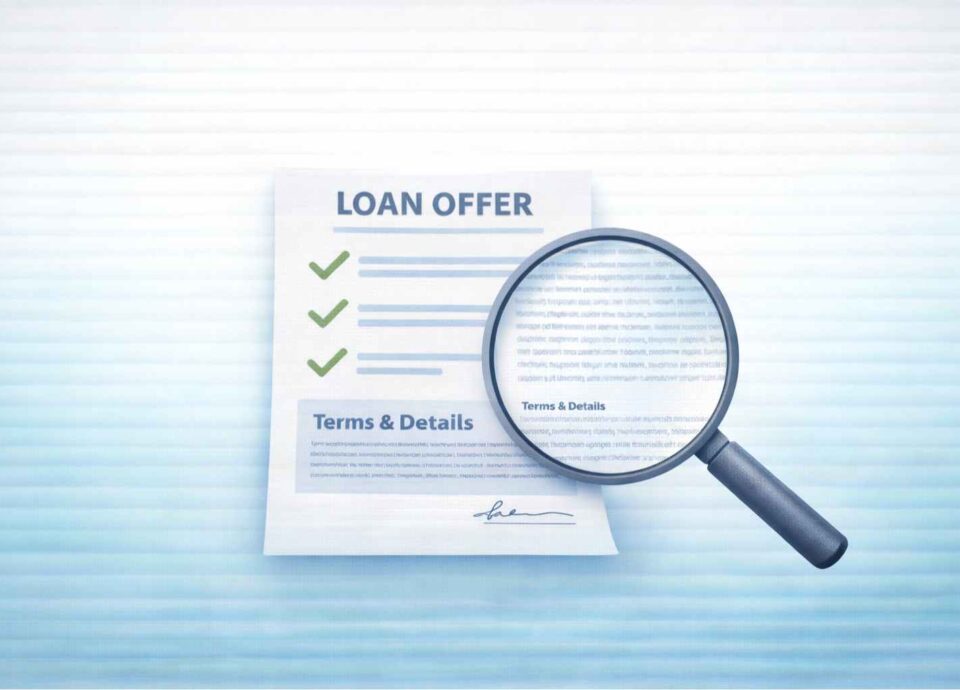 Loan offer document with magnifying glass highlighting the small print terms and details